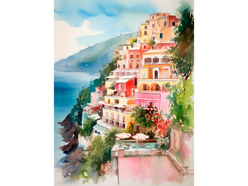 May include: Watercolour painting of colourful buildings on a cliffside overlooking a blue ocean. The buildings are painted in shades of pink, yellow, orange, and red. Lush green trees and foliage are visible in the foreground.
