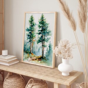 Pine Trees Art Print Colorado Foggy Forest Evergreen Trees Watercolor ...