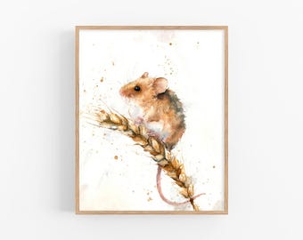 Impresión de acuarela de ratón de cosecha, lindo animal, arte de pared, decoración de guardería, pintura de ratón de campo, naturaleza caprichosa de FeelingPrints