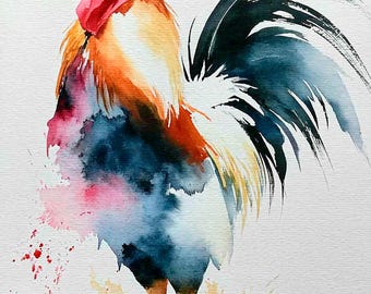 Rooster Watercolor Print Colorful Rooster Wall Art Farmhouse Kitchen Decor Chicken Painting Farm Animal Art