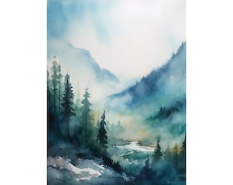 Mountain Forest Watercolor Painting Evergreen Trees Art Print Foggy Forest Artwork Neutral Green Gray Wall Art