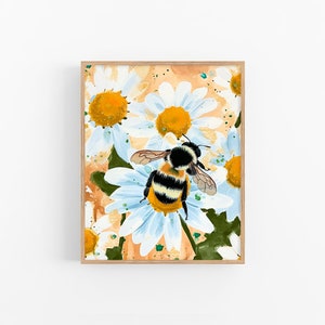 Stampa artistica con fiori di margherita e acquerello, stampa artistica con ape e fiori di prato, regalo per lei di FeelingPrints