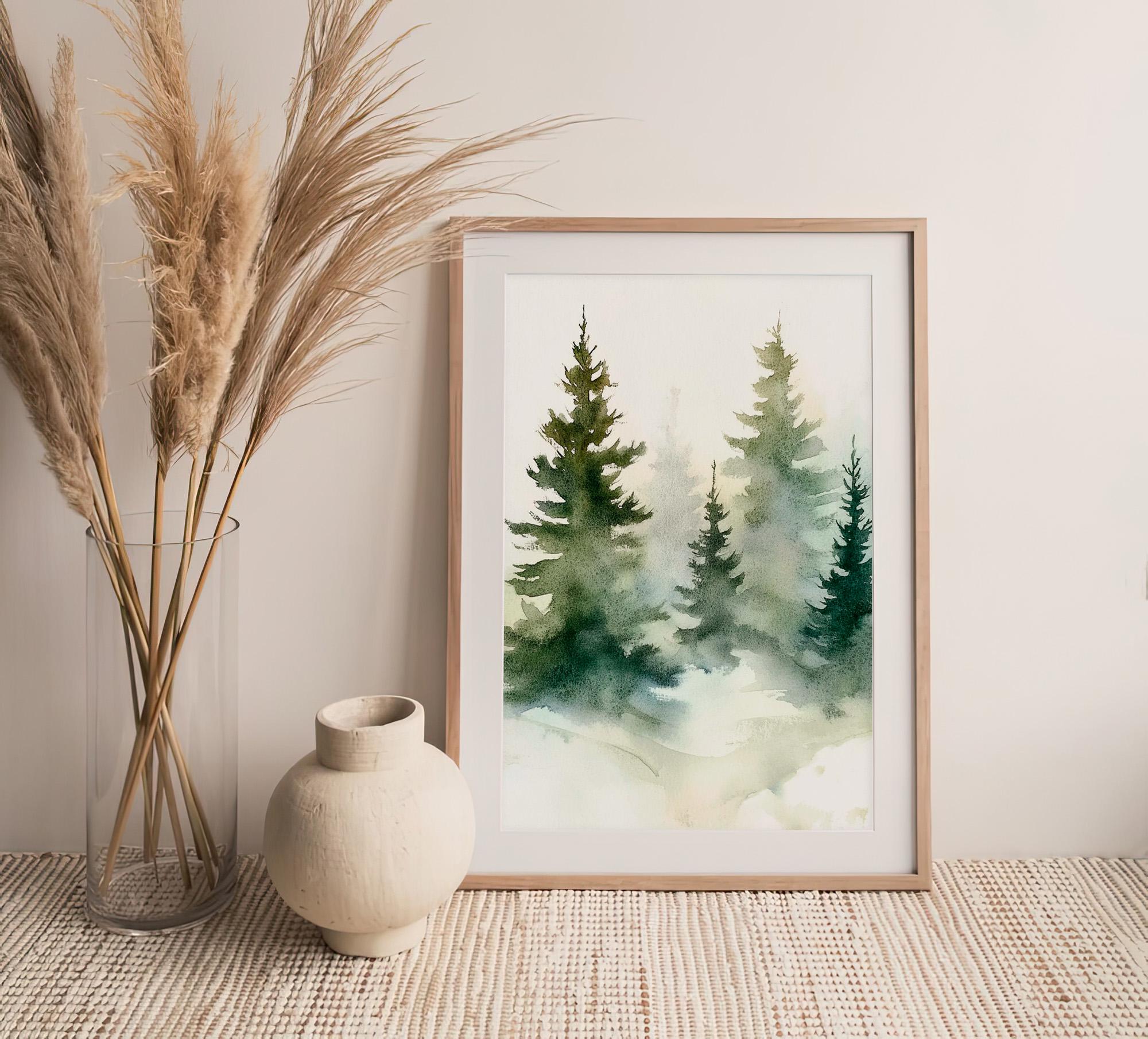 Foggy Pine Trees Watercolor Art Print Misty Pine Forest Watercolor ...
