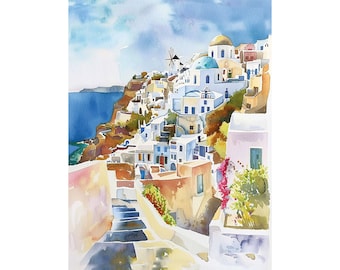 Santorini Cityscape Watercolor Art Print Greece Watercolor Art Cityscape Artwork Travel Art Poster by FeelingPrints