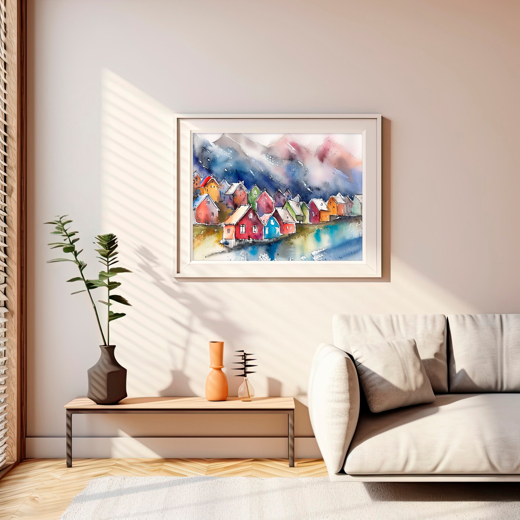 View of Nordic Village Watercolor Art Print Scandinavian Houses Painting Norway ...