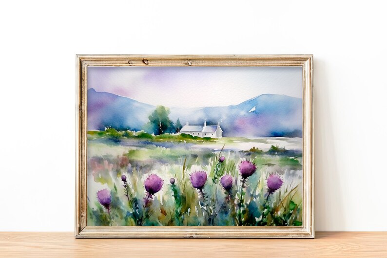 May include: Watercolor painting of a white cottage in a field of purple wildflowers with a mountain range in the background.