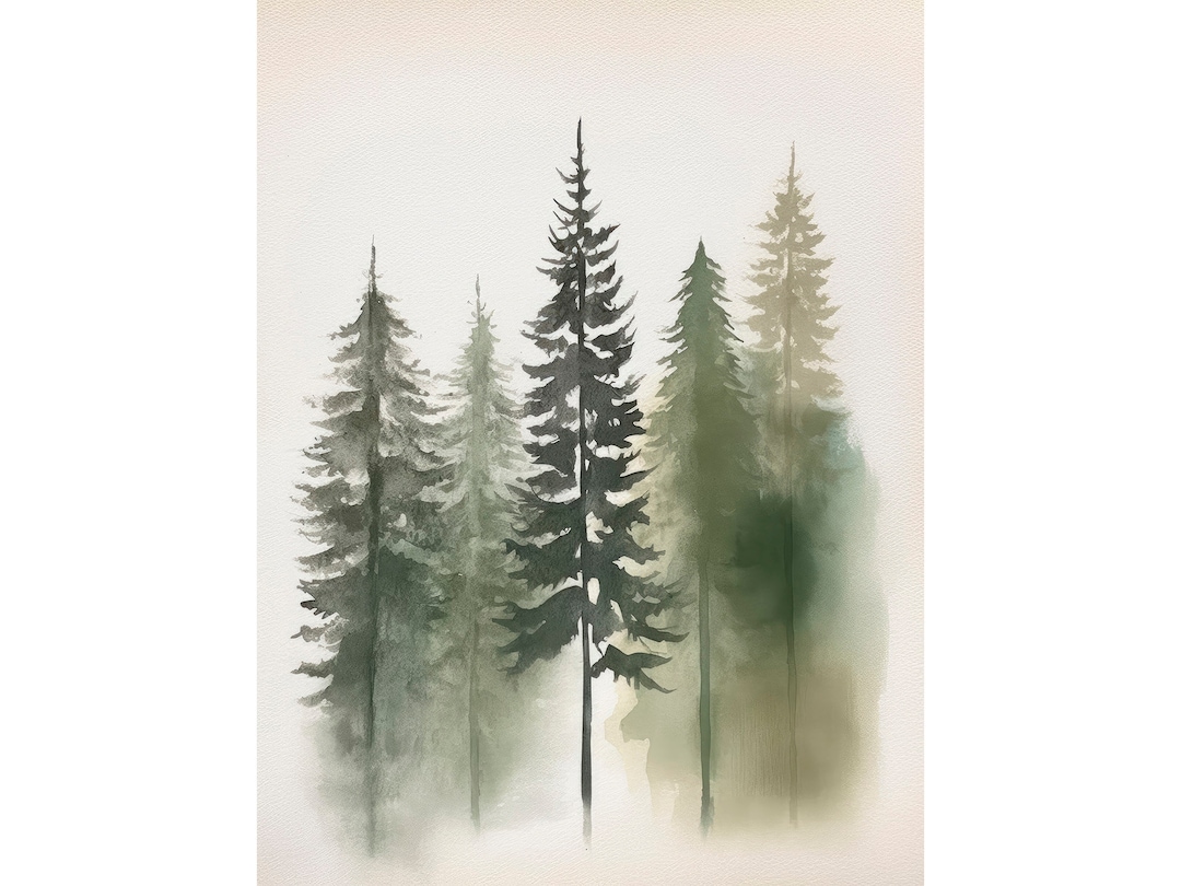 Pine Trees Painting Misty Forest Poster Minimalist Wall Art Decor ...