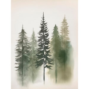 Pintura de pinos, cartel de bosque brumoso, decoración de arte de pared minimalista, impresión de árbol de hoja perenne de FeelingPrints