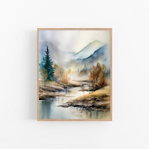 Colorado Landschaft Aquarell Malerei Neutral Kunstdruck Berg Kunstwerk Nebligen Wald Poster Wandkunst von FeelingPrints