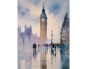 May include: Watercolor painting of Big Ben in London, with a wet street reflecting the tower and pedestrians. The sky is overcast, and the buildings are in shades of blue, brown, and beige.