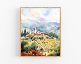 Impresión artística de un paisaje de acuarela de Napa Valley, California, con viñedos, de FeelingPrints