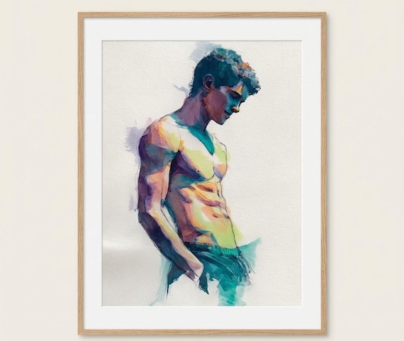 Gay Male Figure Study Art Print Painting on Paper Modern Minimal Artwork Wall Art by FeelingPrints
