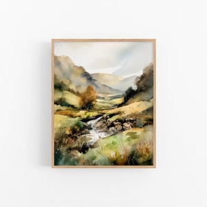 May include: Watercolor painting of a valley with a stream running through it. The painting features a misty sky, green hills, and a small tree in the foreground.