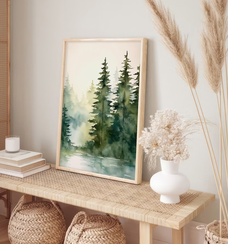 Tahoe Lake Art Print Pine Trees Painting Foggy Lake Watercolor Artwork ...