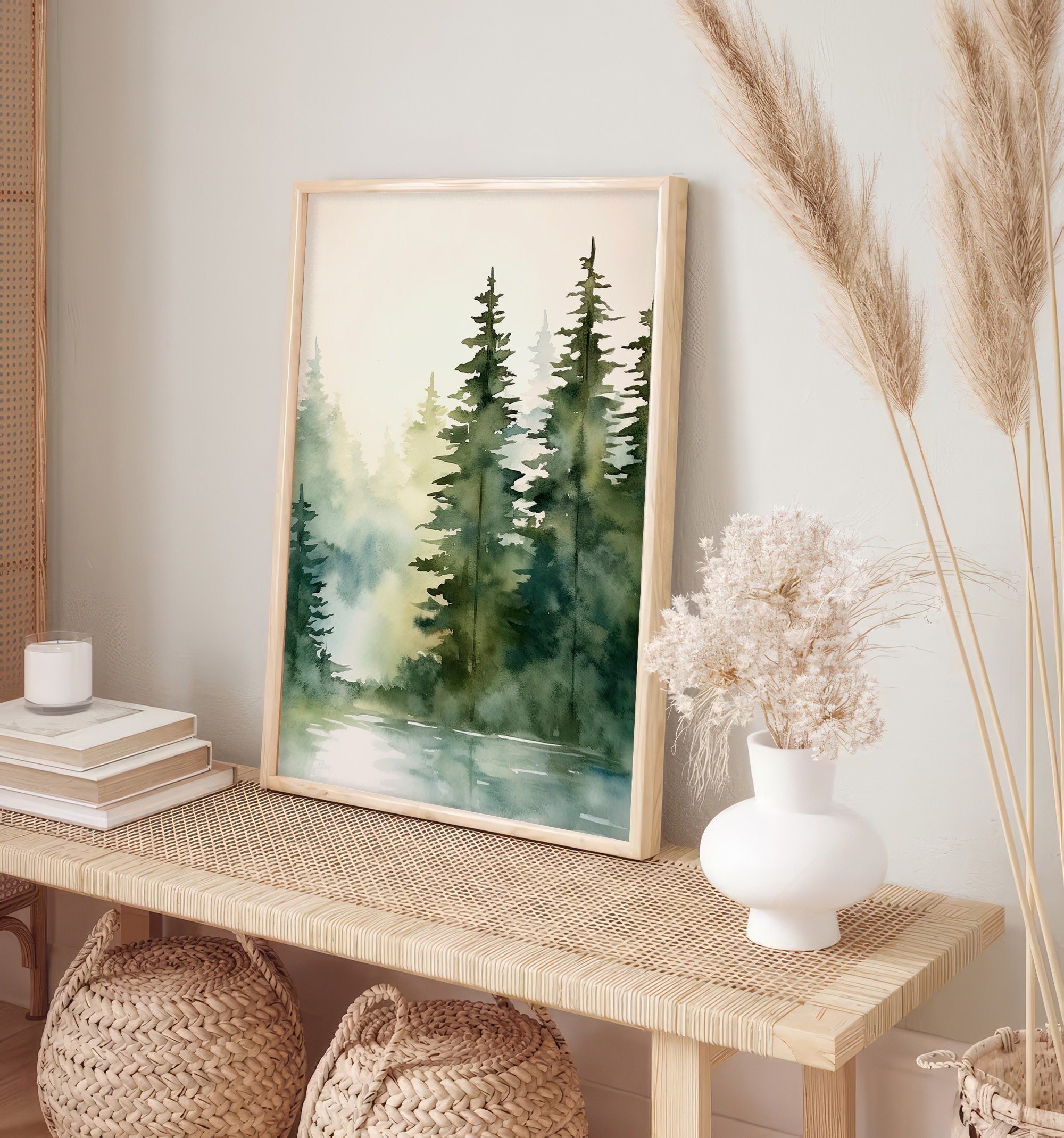 Tahoe Lake Art Print Pine Trees Painting Foggy Lake Watercolor Artwork ...