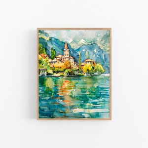 Lago di Annecy Acquerello Dipinto Francia Lago Paesaggio Acquerello Stampa Artistica Poster di Viaggio di FeelingPrints