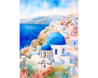 Pintura en acuarela de Santorini, Grecia, impresión artística de paisaje urbano, obra de FeelingPrints