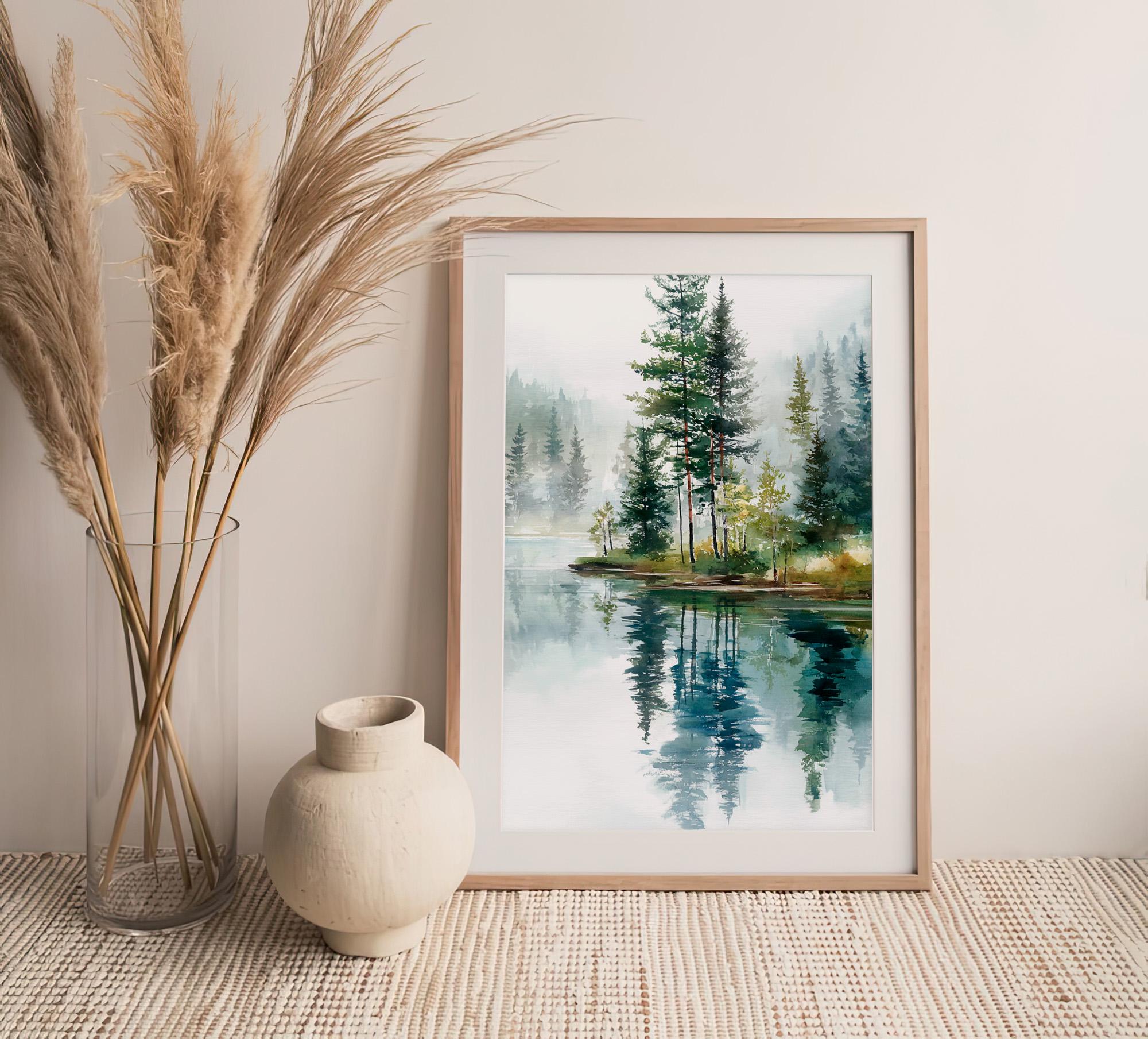 Misty Forest Lake Watercolor Print Evergreen Trees Reflection Wall Art ...
