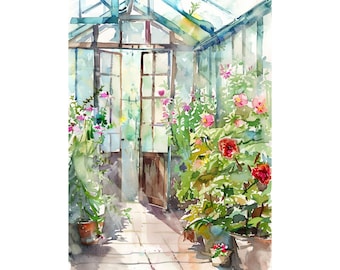 Gewächshaus Kunstdruck Blumen Haus Aquarell Malerei Gewächshaus Wanddekoration Blumen Kunstwerk Rustikale Wandkunst von FeelingPrints