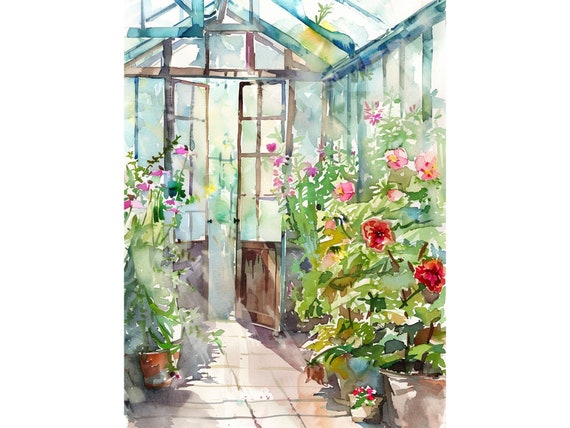 Greenhouse Art Print Flowers House Watercolor Painting Greenhouse Wall Decor Floral Artwork Rustic Wall Art by FeelingPrints