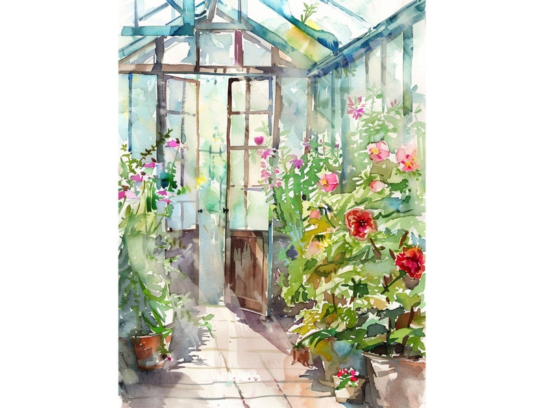 Puede incluir: Una pintura de acuarela de un invernadero lleno de exuberantes plantas verdes y vibrantes flores rosas y rojas. El invernadero tiene un techo de vidrio y un marco de madera. La luz del sol atraviesa el vidrio, iluminando las plantas.