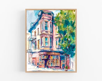 Boekhandel schilderij print boekhandel muur kunst aquarel straatbeeld stad architectuur print cadeau voor boekenliefhebbers door FeelingPrints