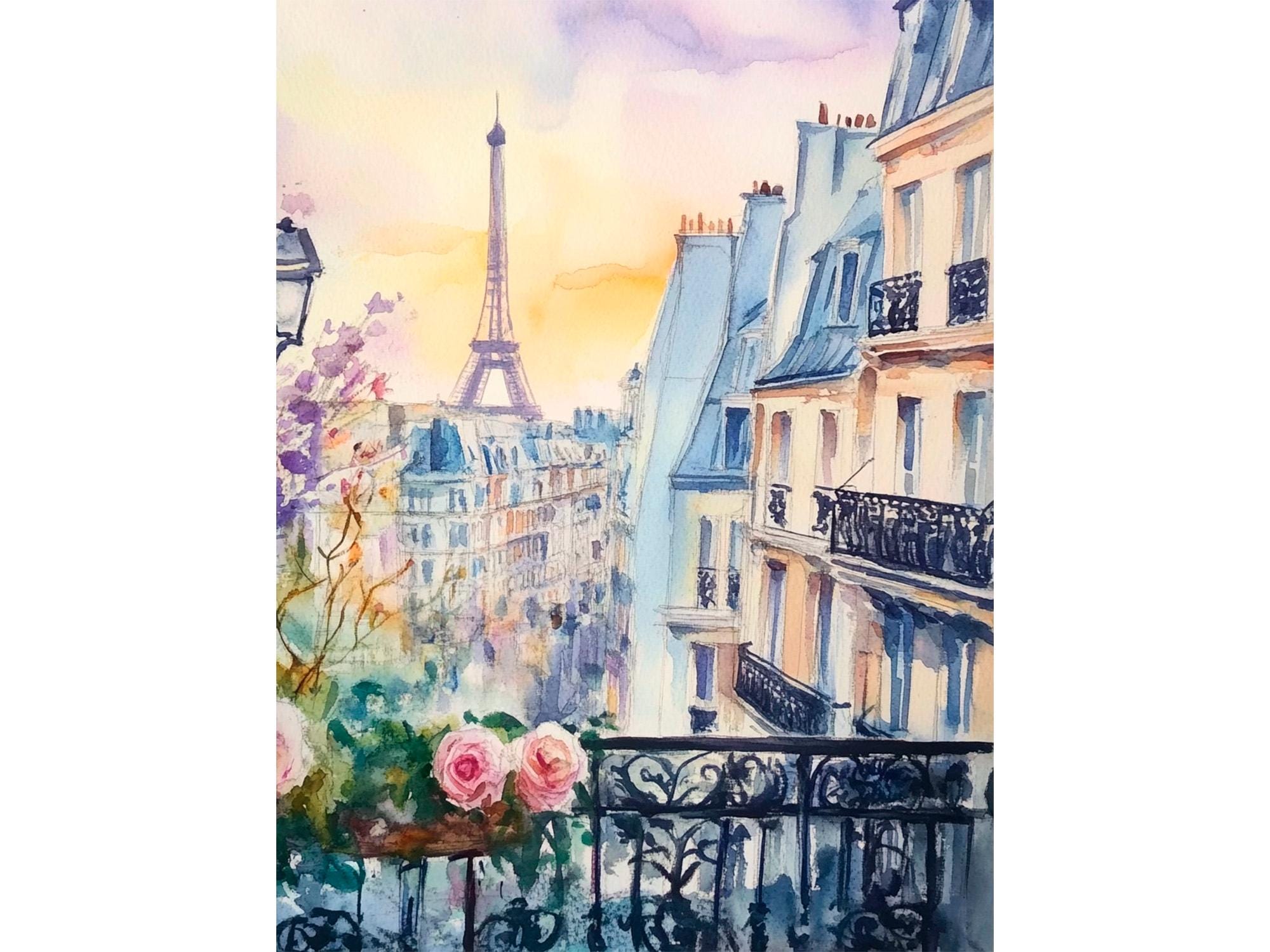 パリのバルコニー水彩画 エッフェル塔 ウォールアート フランス都市