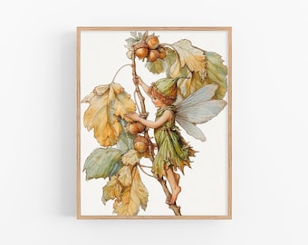 Acorn Forest Fairy Vintage Illustration Art Print on Paper Nursery Woodland Wall Decor by FeelingPrints