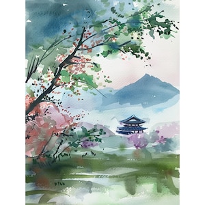 Puede incluir: Pintura a la acuarela de un paisaje sereno con una pagoda tradicional, montañas y exuberante vegetación. La obra de arte utiliza azules, verdes y rosas suaves para representar una escena tranquila con profundidad y perspectiva.