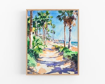 San Diego Beach Watercolor Painting La Jolla Watercolor Art Print Palm Trees Art Decor by FeelingPrints