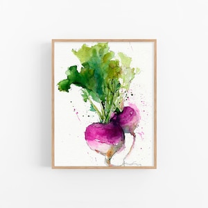 May include: Watercolor painting of two purple turnips with green leafy tops. The turnips have a white base and are set against a white background. The artwork is framed in a light brown wooden frame.