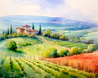 San Gimignano Watercolor Art Print Tuscany Landscape Painting Italy Countryside Artwork