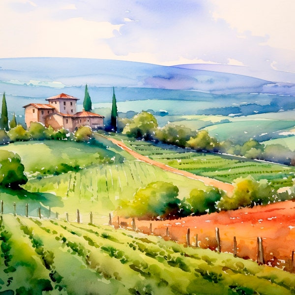 Impression d'art aquarelle San Gimignano, peinture de paysage de Toscane, oeuvre d'art de la campagne italienne