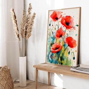 Red Poppy Flowers Watercolor Art Print Floral Artwork Farmhouse Wall ...