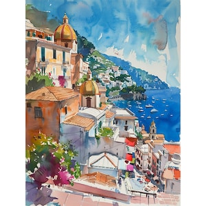 ポジターノ 水彩画 イタリアの街並み アートプリント 旅行ギフト FeelingPrints