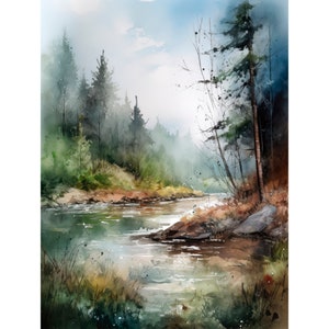 スコットランドの風景画アートプリント 松の木 水彩画 イングランド アートワーク by FeelingPrints