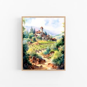 May include: Watercolor painting of a stone building with a bell tower on a hillside with vineyards. The building is surrounded by green trees and bushes. The sky is blue with white clouds.