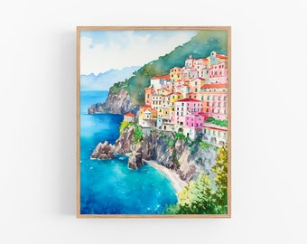 アマルフィ海岸の水彩画、チンクエテッレのアートプリント、ポジターノの絵画、イタリアの海景アートワークプリント、都市景観の壁アート