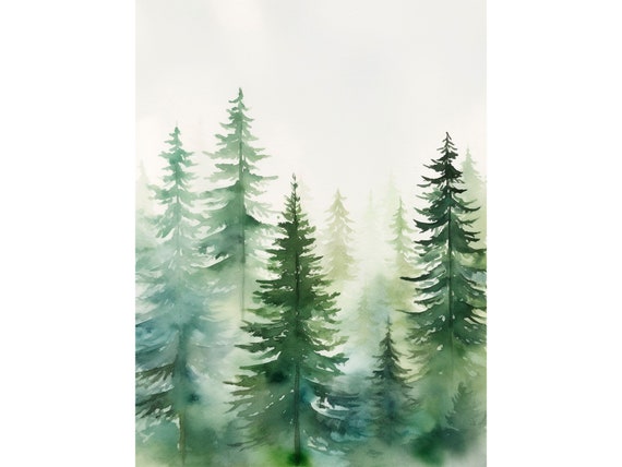 Pine Trees Forest Wall Art Print Evergreen Trees Watercolor Painting Monochrome Poster by FeelingPrints