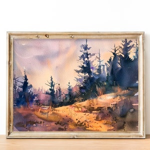 Mount Hood Watercolor Painting Oregon Forest Painting Pine Trees Wall Art Decor by FeelingPrints