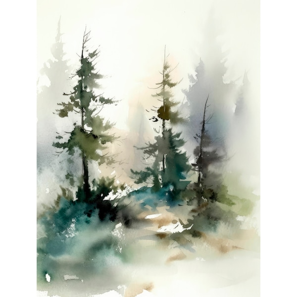 Impression d'art aquarelle d'arbres à feuilles persistantes, peinture de forêt brumeuse, art mural vert gris neutre, art de paysage du Montana, par FeelingPrints