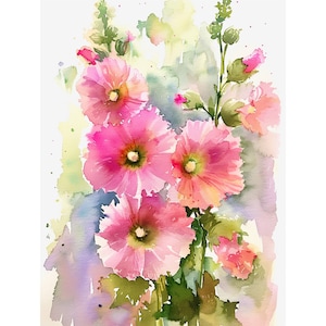 タチアオイの花の水彩画アートプリント 花の絵画 植物の壁アート装飾 春のギフト FeelingPrints より