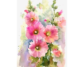 Hollyhock Flowers Watercolor Art Print Blossoms Painting Botanical Wall Art Decor Spring Gifts by FeelingPrints