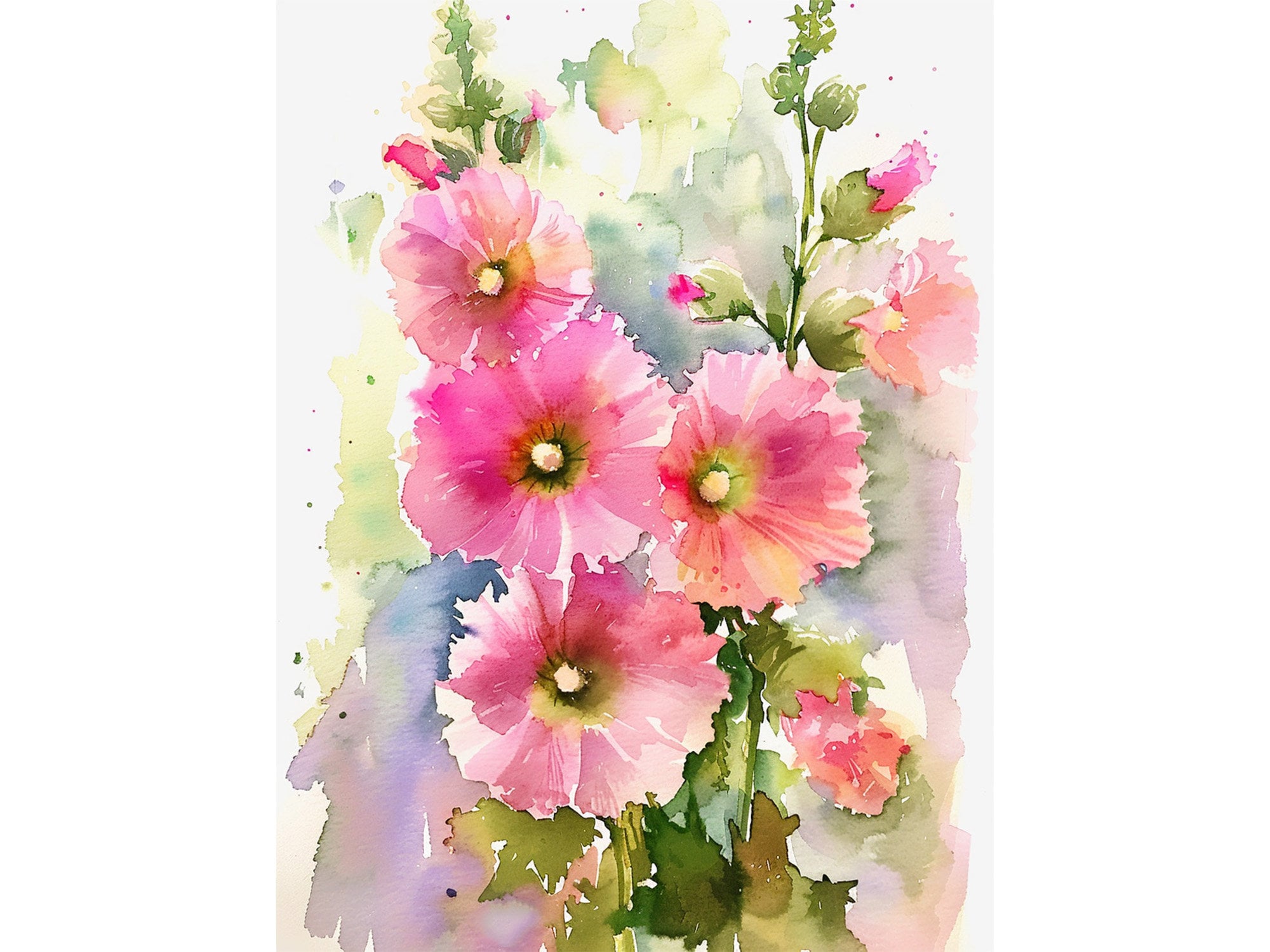 Hollyhock Flowers Watercolor Art Print Blossoms Painting Botanical Wall ...