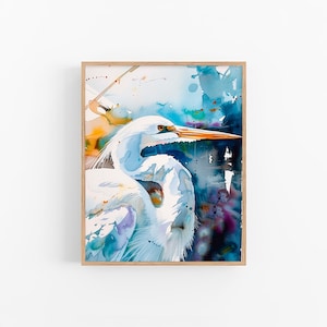 White Heron Painting Heron Watercolor Art Print Bird Artwork Animals Wall Art Print by FeelingPrints