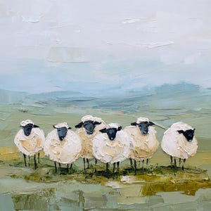 May include: An oil painting depicts seven sheep with fluffy white wool and black faces standing in a field. The background features a textured landscape with shades of green, blue, and white, creating a serene pastoral scene.