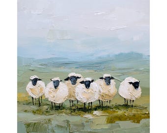 Schapen kudde olieverfschilderij kunst print op canvas minimale landschap muur kunst moderne boerderij decor cadeau door FeelingPrints