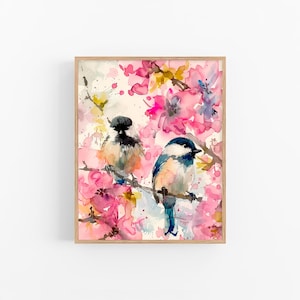 Chickadee Watercolor Painting Birds Watercolor Art Print Flowers Watercolor Artwork Nursery Wall Art by FeelingPrints