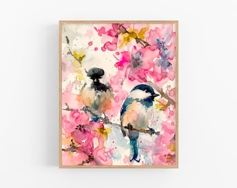 Chickadee Watercolor Painting Birds Watercolor Art Print Flowers Watercolor Artwork Nursery Wall Art by FeelingPrints