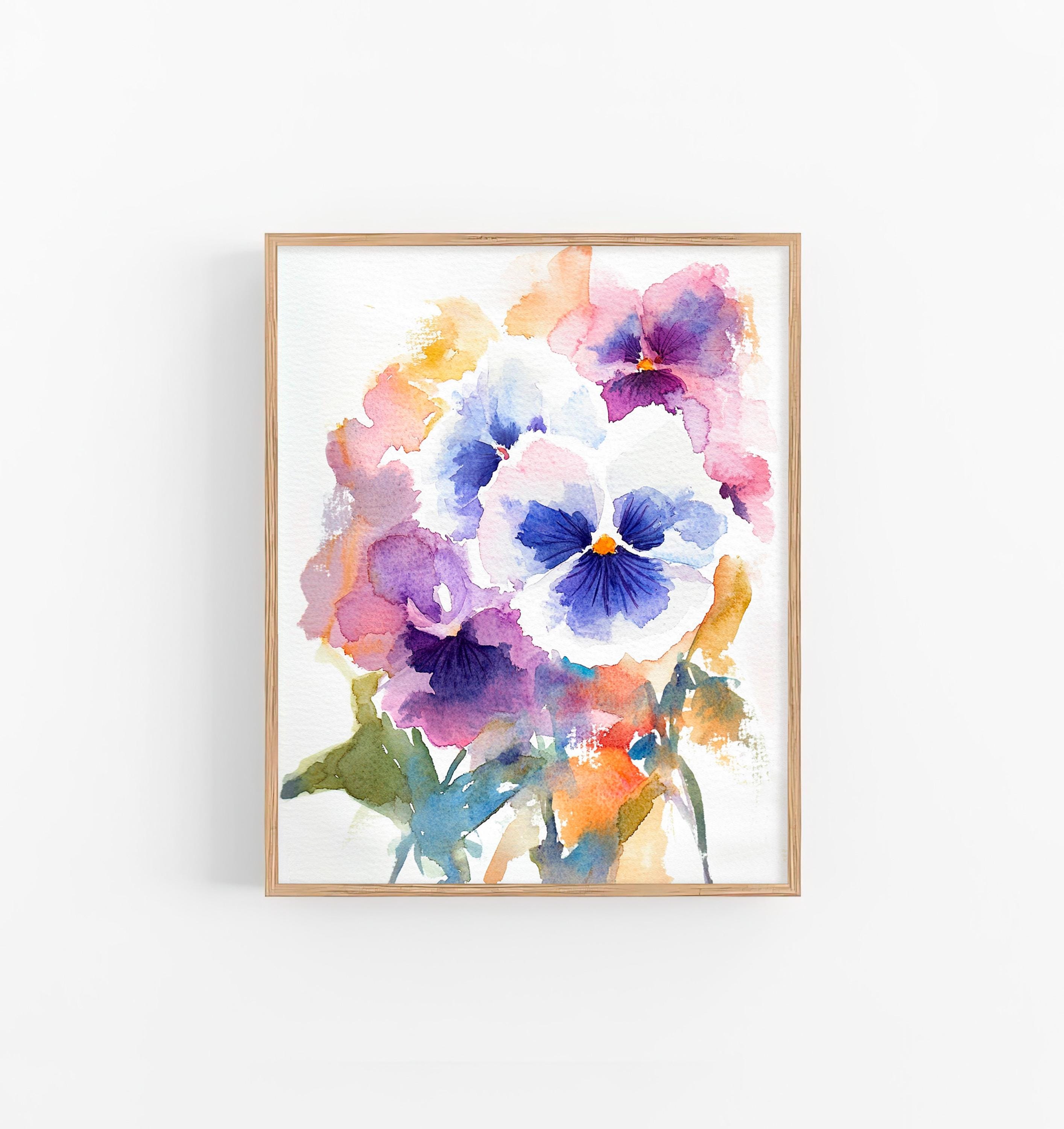 パンジーの花の水彩画 花の水彩画アートプリント 彼女へのギフト